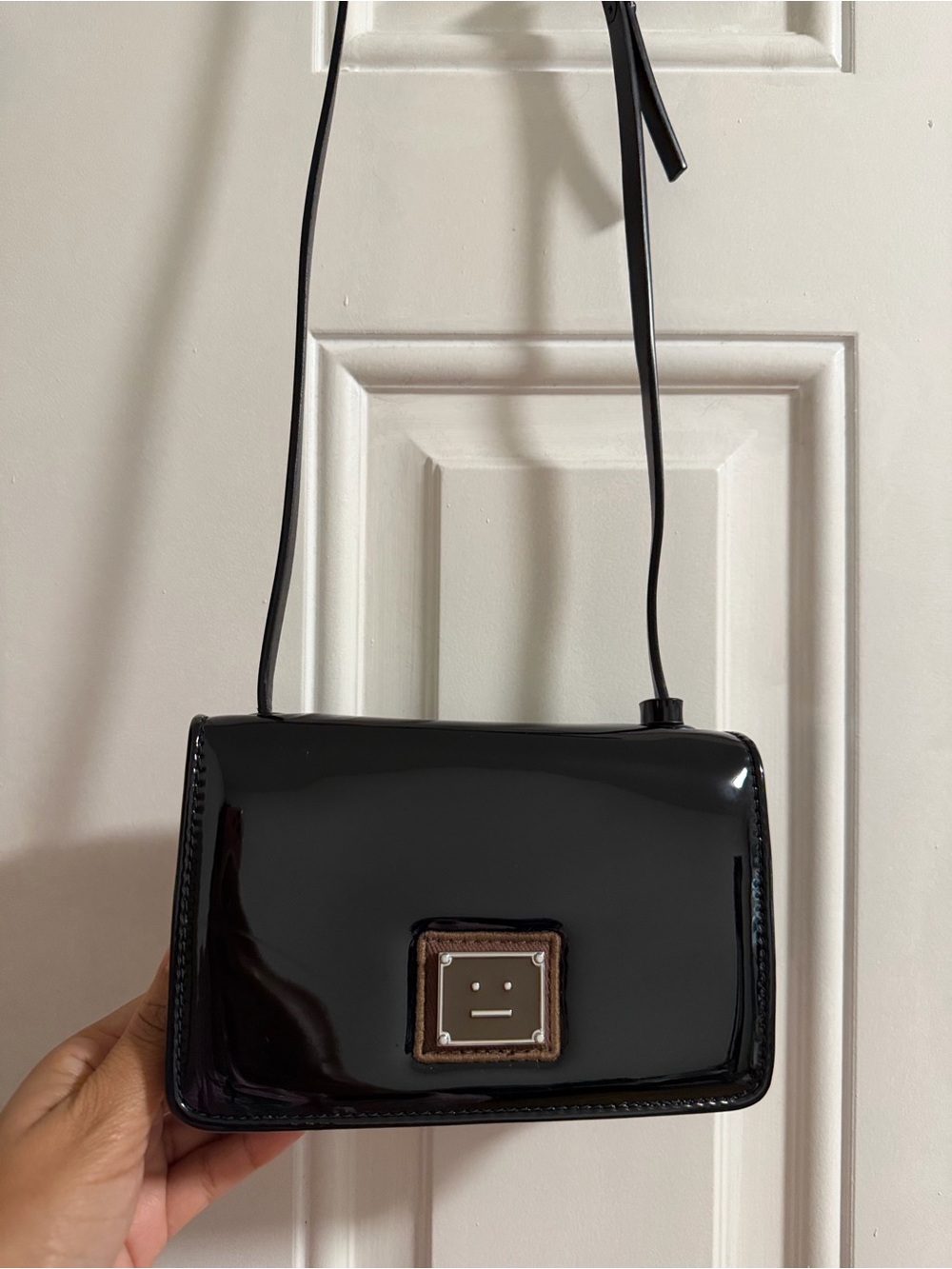 Acne Studios Black Patent Crossbody with Square Face Plaque